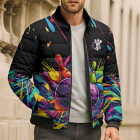 Colorful Bowling Ball and Pins Graphic Bomber Puffer Jacket Custom with Paint Splash - Wonder Print Shop