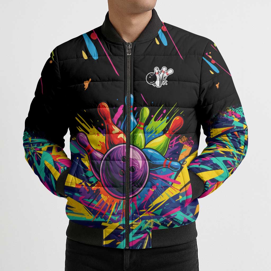 Colorful Bowling Ball and Pins Graphic Bomber Puffer Jacket Custom with Paint Splash - Wonder Print Shop