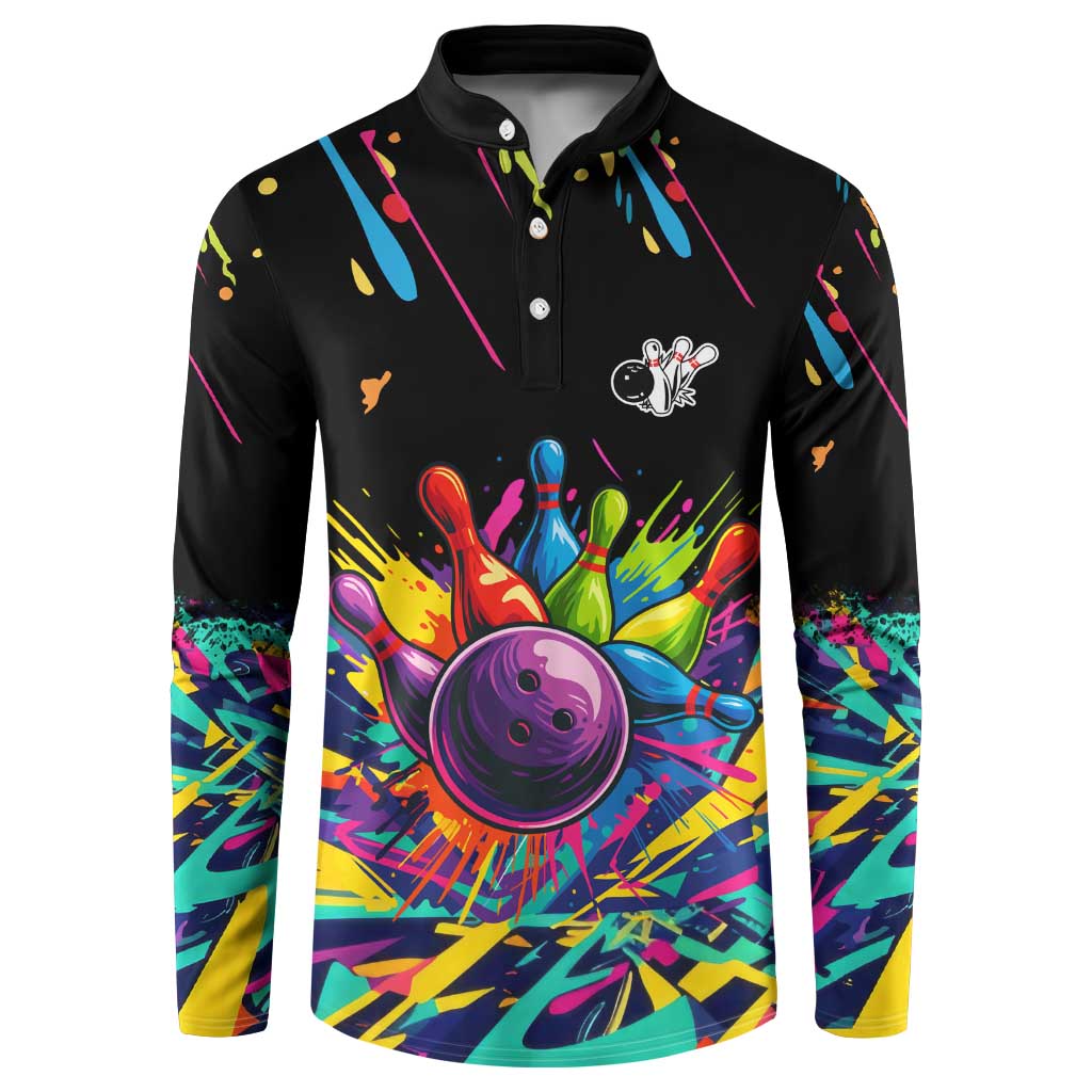 Colorful Bowling Ball and Pins Graphic Button Sweatshirt Custom with Paint Splash - Wonder Print Shop