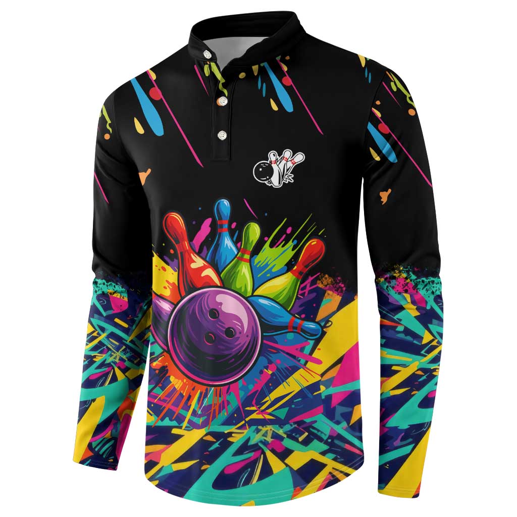 Colorful Bowling Ball and Pins Graphic Button Sweatshirt Custom with Paint Splash - Wonder Print Shop