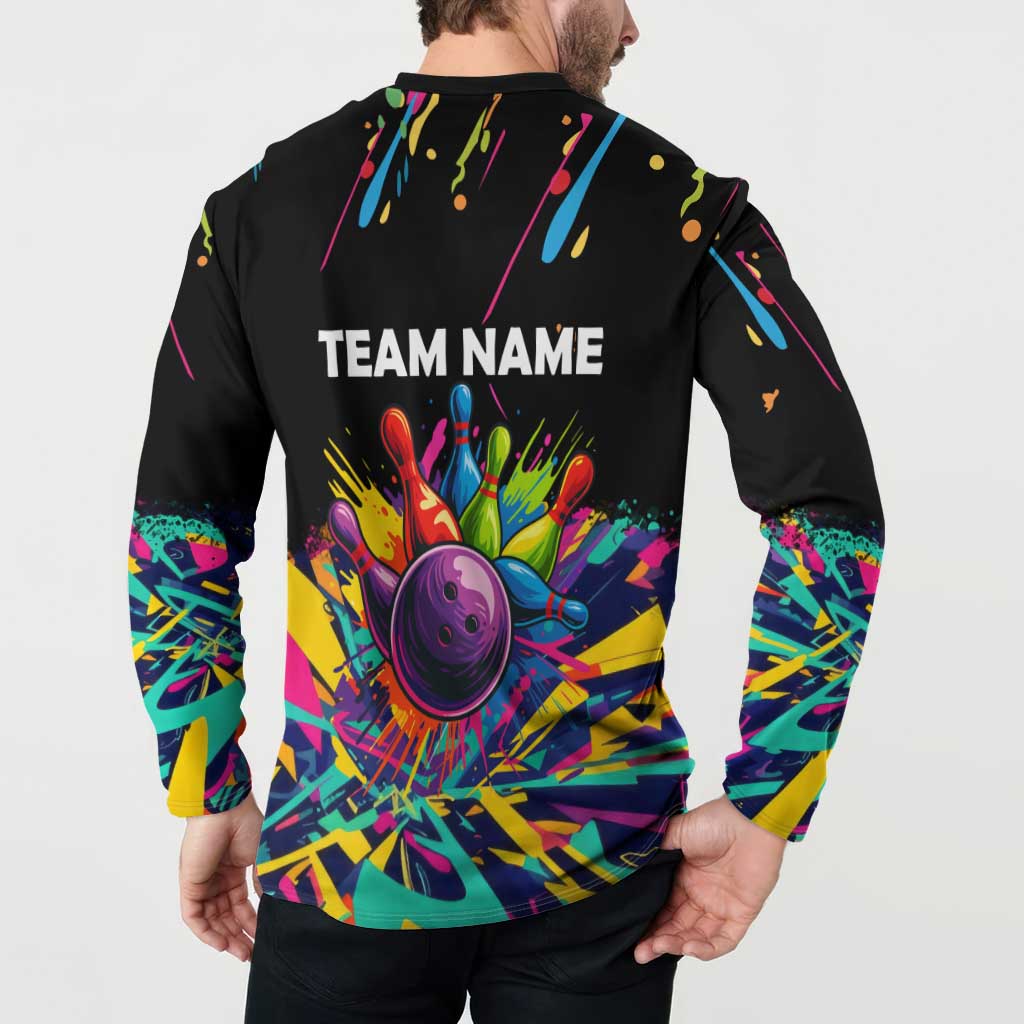 Colorful Bowling Ball and Pins Graphic Button Sweatshirt Custom with Paint Splash - Wonder Print Shop