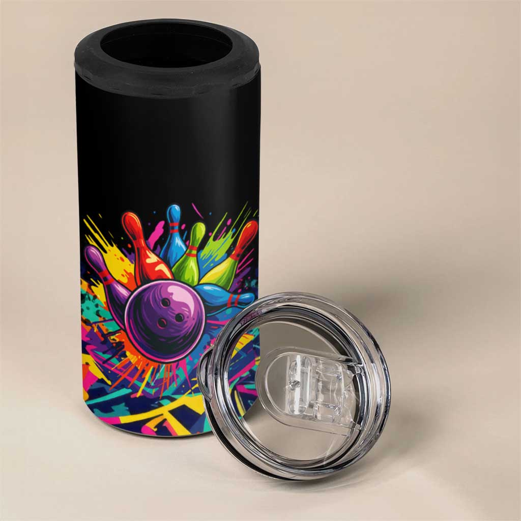 Colorful Bowling Ball and Pins Graphic 4 in 1 Can Cooler Tumbler Custom with Paint Splash - Wonder Print Shop