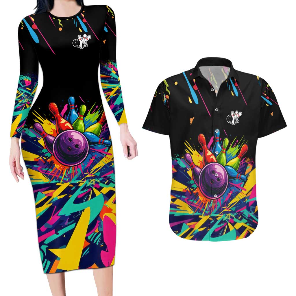 Colorful Bowling Ball and Pins Graphic Couples Matching Long Sleeve Bodycon Dress and Hawaiian Shirt Custom with Paint Splash - Wonder Print Shop