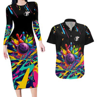 Colorful Bowling Ball and Pins Graphic Couples Matching Long Sleeve Bodycon Dress and Hawaiian Shirt Custom with Paint Splash - Wonder Print Shop