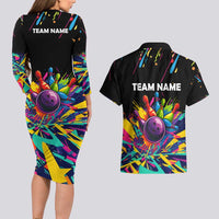 Colorful Bowling Ball and Pins Graphic Couples Matching Long Sleeve Bodycon Dress and Hawaiian Shirt Custom with Paint Splash - Wonder Print Shop