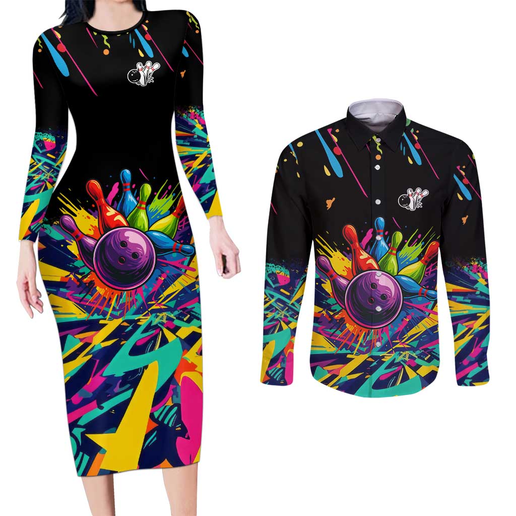 Colorful Bowling Ball and Pins Graphic Couples Matching Long Sleeve Bodycon Dress and Long Sleeve Button Shirt Custom with Paint Splash - Wonder Print Shop