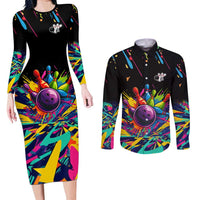 Colorful Bowling Ball and Pins Graphic Couples Matching Long Sleeve Bodycon Dress and Long Sleeve Button Shirt Custom with Paint Splash - Wonder Print Shop