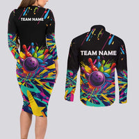 Colorful Bowling Ball and Pins Graphic Couples Matching Long Sleeve Bodycon Dress and Long Sleeve Button Shirt Custom with Paint Splash - Wonder Print Shop