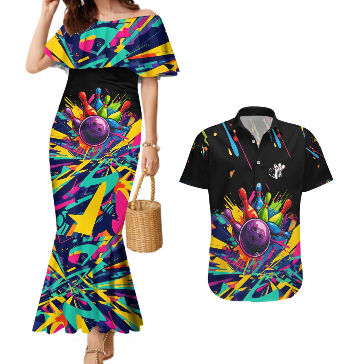 Colorful Bowling Ball and Pins Graphic Couples Matching Mermaid Dress and Hawaiian Shirt Custom with Paint Splash - Wonder Print Shop