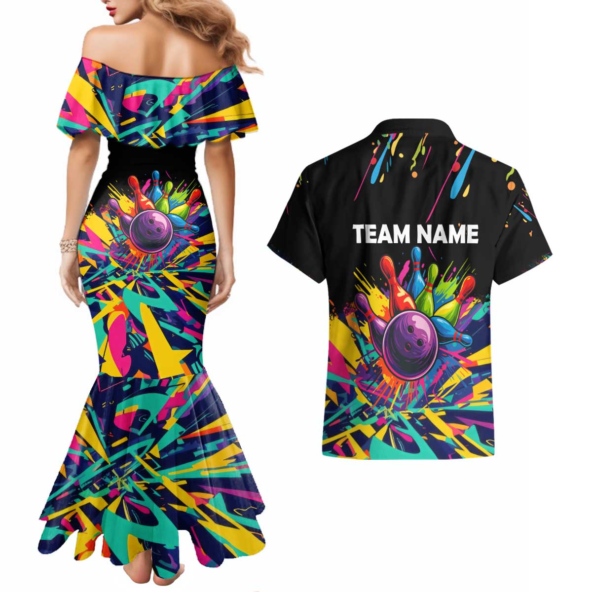 Colorful Bowling Ball and Pins Graphic Couples Matching Mermaid Dress and Hawaiian Shirt Custom with Paint Splash - Wonder Print Shop