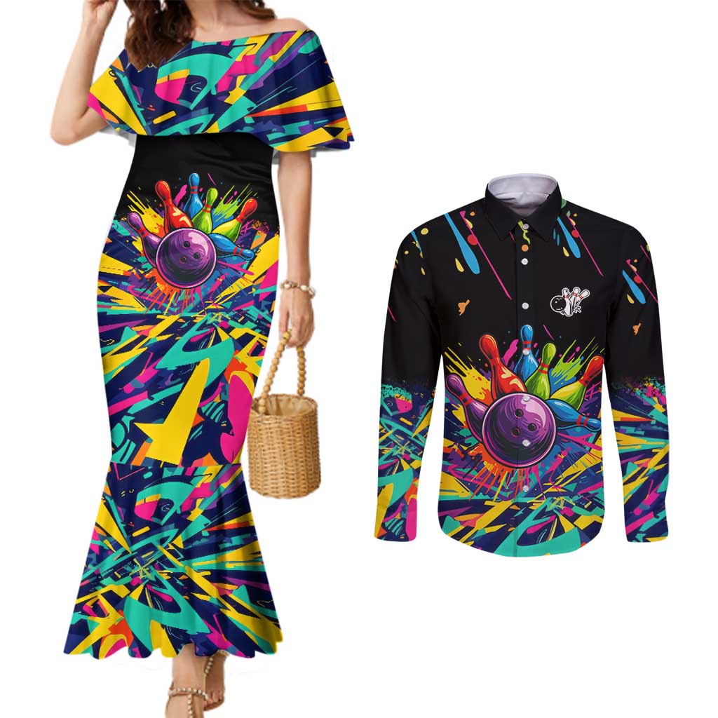 Colorful Bowling Ball and Pins Graphic Couples Matching Mermaid Dress and Long Sleeve Button Shirt Custom with Paint Splash - Wonder Print Shop