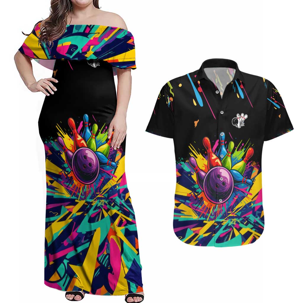 Colorful Bowling Ball and Pins Graphic Couples Matching Off Shoulder Maxi Dress and Hawaiian Shirt Custom with Paint Splash - Wonder Print Shop