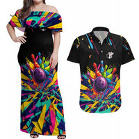 Colorful Bowling Ball and Pins Graphic Couples Matching Off Shoulder Maxi Dress and Hawaiian Shirt Custom with Paint Splash - Wonder Print Shop