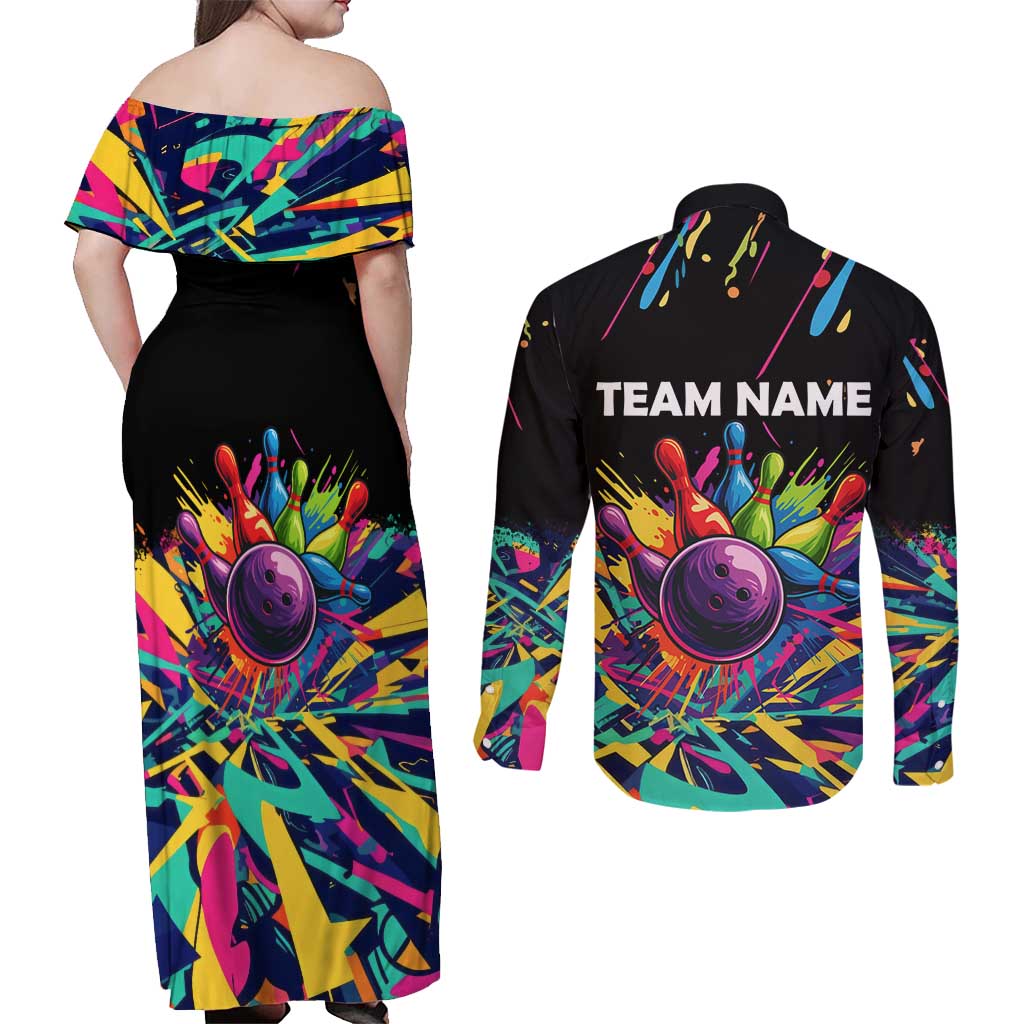 Colorful Bowling Ball and Pins Graphic Couples Matching Off Shoulder Maxi Dress and Long Sleeve Button Shirt Custom with Paint Splash - Wonder Print Shop