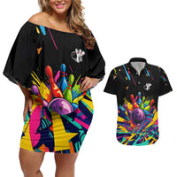 Colorful Bowling Ball and Pins Graphic Couples Matching Off Shoulder Short Dress and Hawaiian Shirt Custom with Paint Splash - Wonder Print Shop