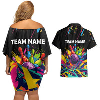 Colorful Bowling Ball and Pins Graphic Couples Matching Off Shoulder Short Dress and Hawaiian Shirt Custom with Paint Splash - Wonder Print Shop