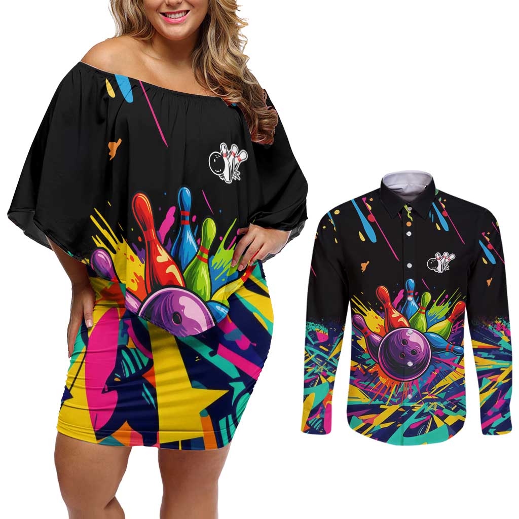 Colorful Bowling Ball and Pins Graphic Couples Matching Off Shoulder Short Dress and Long Sleeve Button Shirt Custom with Paint Splash - Wonder Print Shop