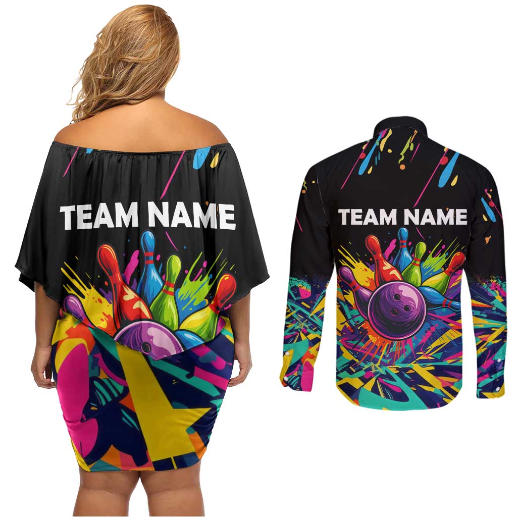 Colorful Bowling Ball and Pins Graphic Couples Matching Off Shoulder Short Dress and Long Sleeve Button Shirt Custom with Paint Splash - Wonder Print Shop