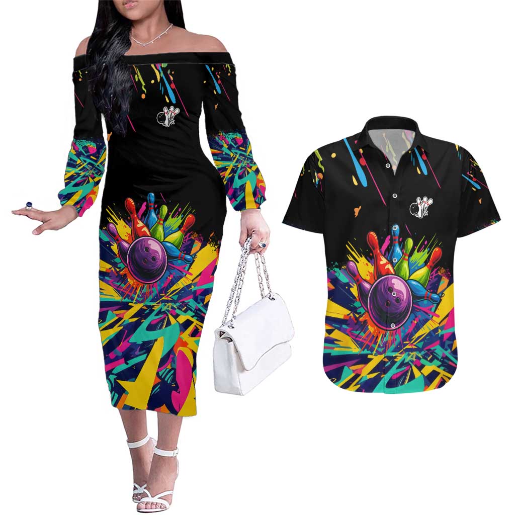 Colorful Bowling Ball and Pins Graphic Couples Matching Off The Shoulder Long Sleeve Dress and Hawaiian Shirt Custom with Paint Splash - Wonder Print Shop