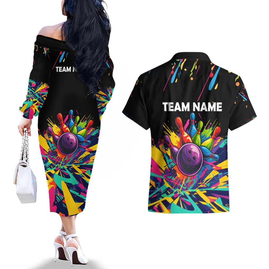 Colorful Bowling Ball and Pins Graphic Couples Matching Off The Shoulder Long Sleeve Dress and Hawaiian Shirt Custom with Paint Splash - Wonder Print Shop