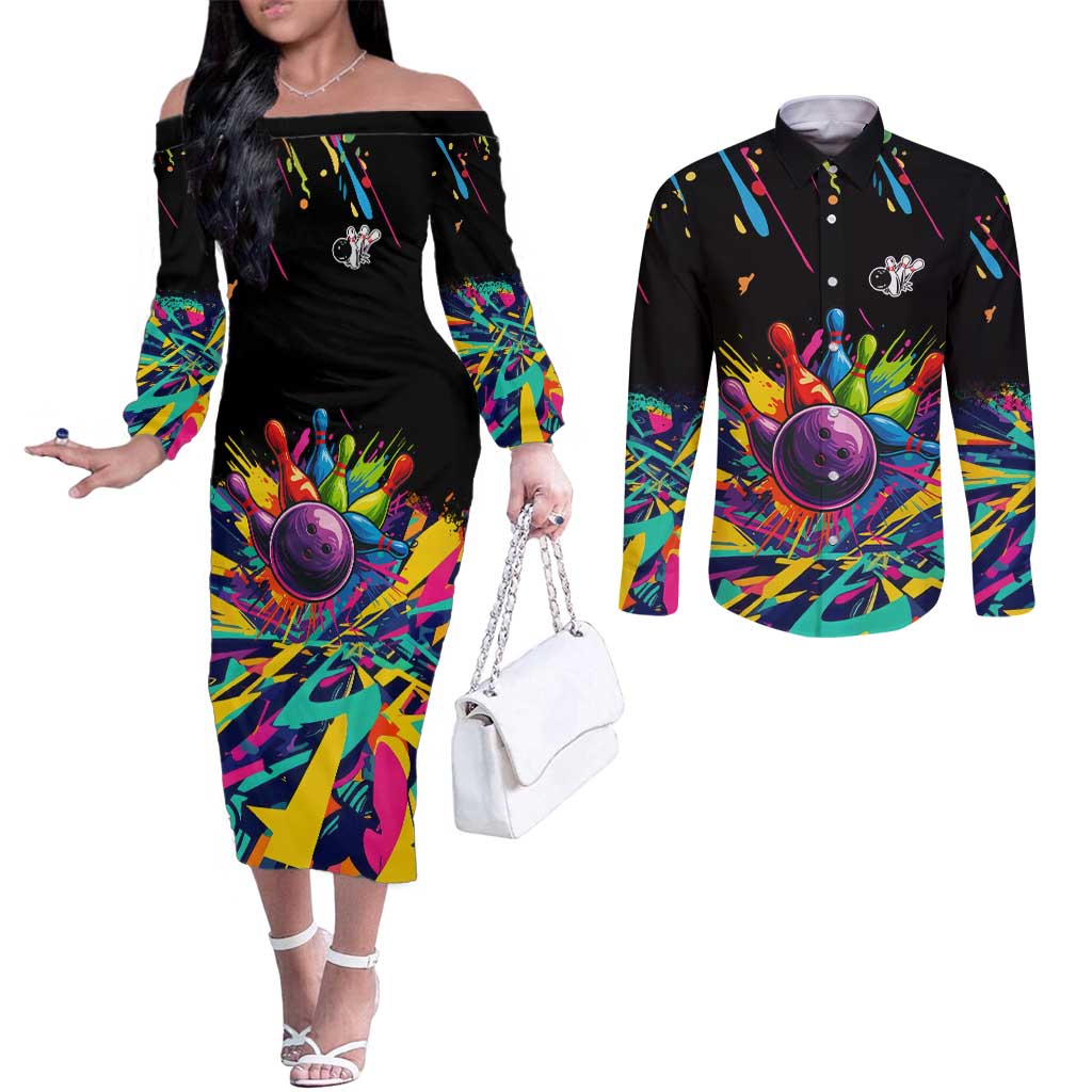 Colorful Bowling Ball and Pins Graphic Couples Matching Off The Shoulder Long Sleeve Dress and Long Sleeve Button Shirt Custom with Paint Splash - Wonder Print Shop