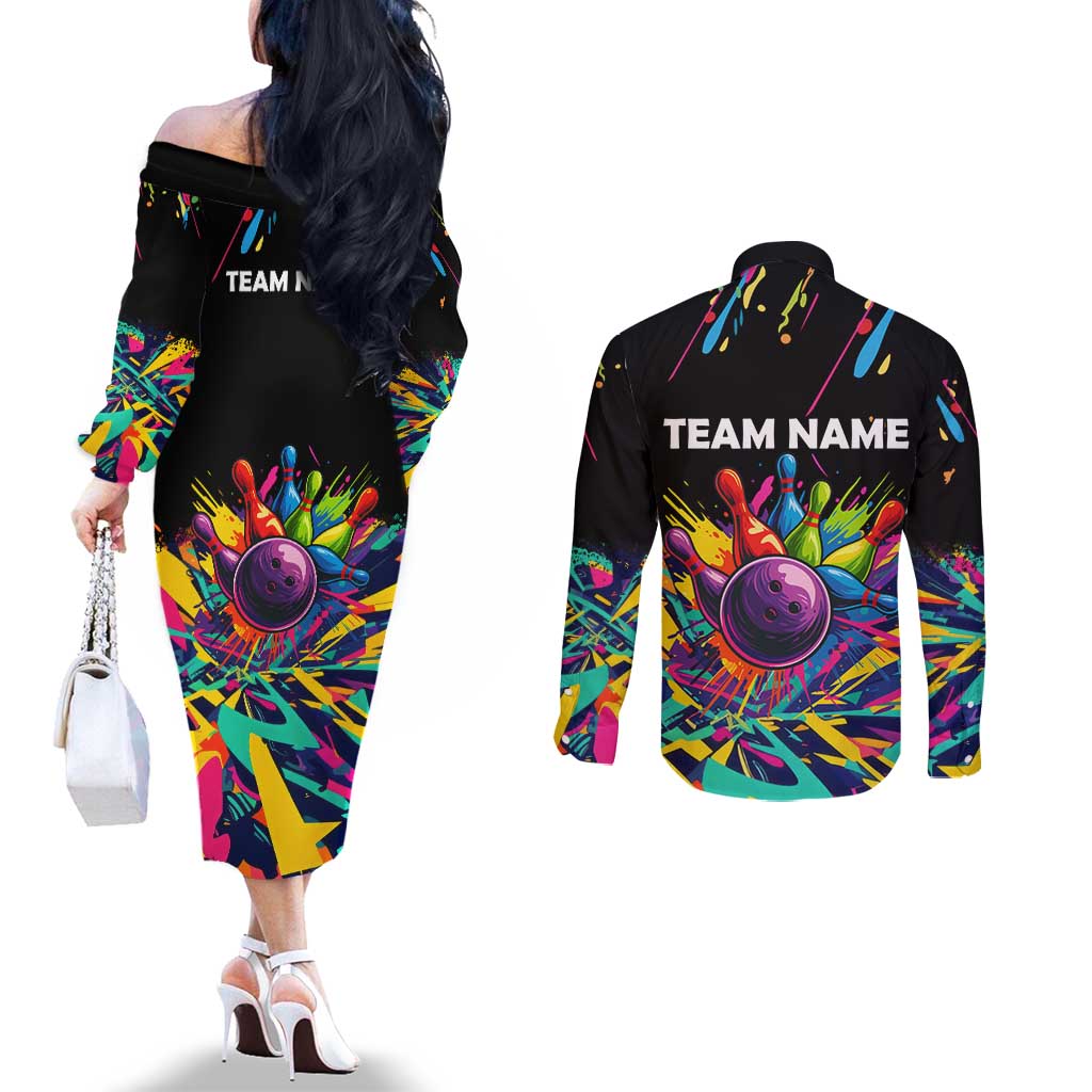 Colorful Bowling Ball and Pins Graphic Couples Matching Off The Shoulder Long Sleeve Dress and Long Sleeve Button Shirt Custom with Paint Splash - Wonder Print Shop