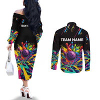 Colorful Bowling Ball and Pins Graphic Couples Matching Off The Shoulder Long Sleeve Dress and Long Sleeve Button Shirt Custom with Paint Splash - Wonder Print Shop
