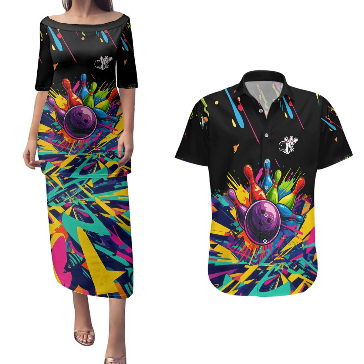 Colorful Bowling Ball and Pins Graphic Couples Matching Puletasi and Hawaiian Shirt Custom with Paint Splash - Wonder Print Shop