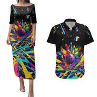Colorful Bowling Ball and Pins Graphic Couples Matching Puletasi and Hawaiian Shirt Custom with Paint Splash - Wonder Print Shop