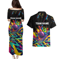 Colorful Bowling Ball and Pins Graphic Couples Matching Puletasi and Hawaiian Shirt Custom with Paint Splash - Wonder Print Shop