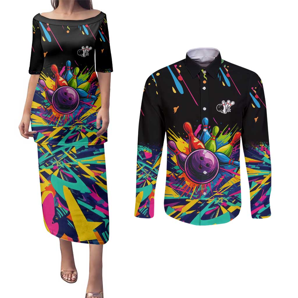 Colorful Bowling Ball and Pins Graphic Couples Matching Puletasi and Long Sleeve Button Shirt Custom with Paint Splash - Wonder Print Shop