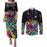 Colorful Bowling Ball and Pins Graphic Couples Matching Puletasi and Long Sleeve Button Shirt Custom with Paint Splash - Wonder Print Shop