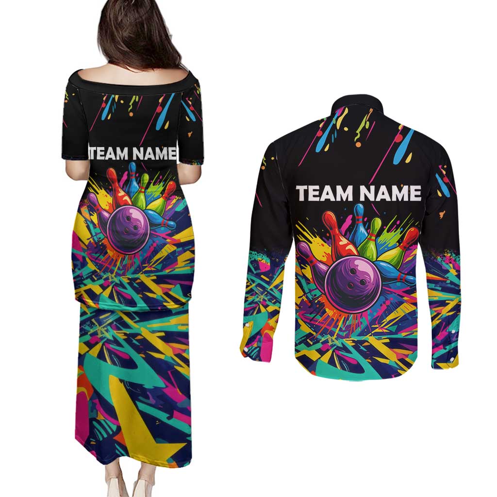 Colorful Bowling Ball and Pins Graphic Couples Matching Puletasi and Long Sleeve Button Shirt Custom with Paint Splash - Wonder Print Shop