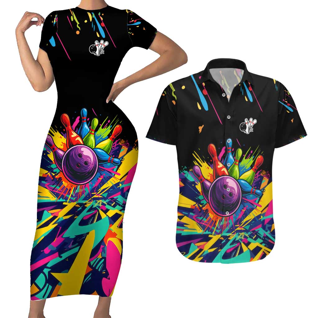 Colorful Bowling Ball and Pins Graphic Couples Matching Short Sleeve Bodycon Dress and Hawaiian Shirt Custom with Paint Splash - Wonder Print Shop