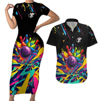 Colorful Bowling Ball and Pins Graphic Couples Matching Short Sleeve Bodycon Dress and Hawaiian Shirt Custom with Paint Splash - Wonder Print Shop