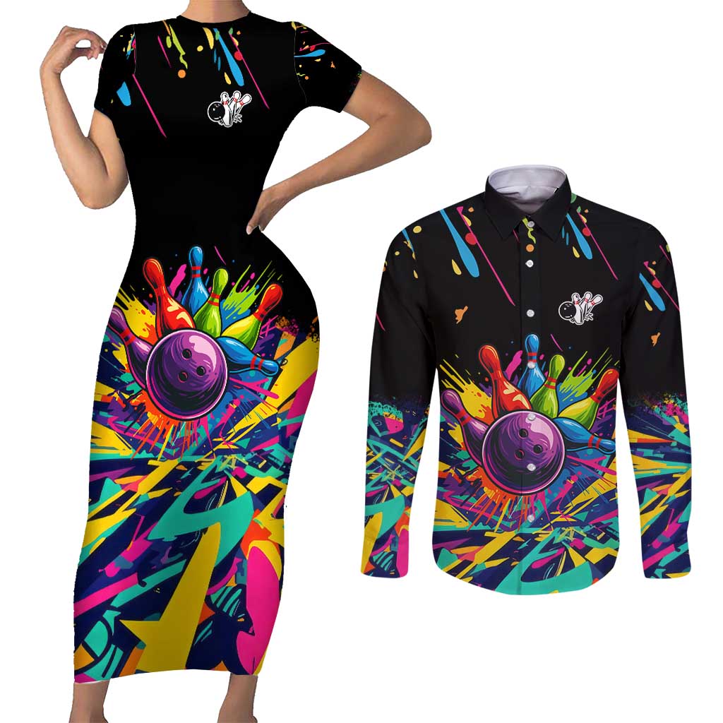 Colorful Bowling Ball and Pins Graphic Couples Matching Short Sleeve Bodycon Dress and Long Sleeve Button Shirt Custom with Paint Splash - Wonder Print Shop