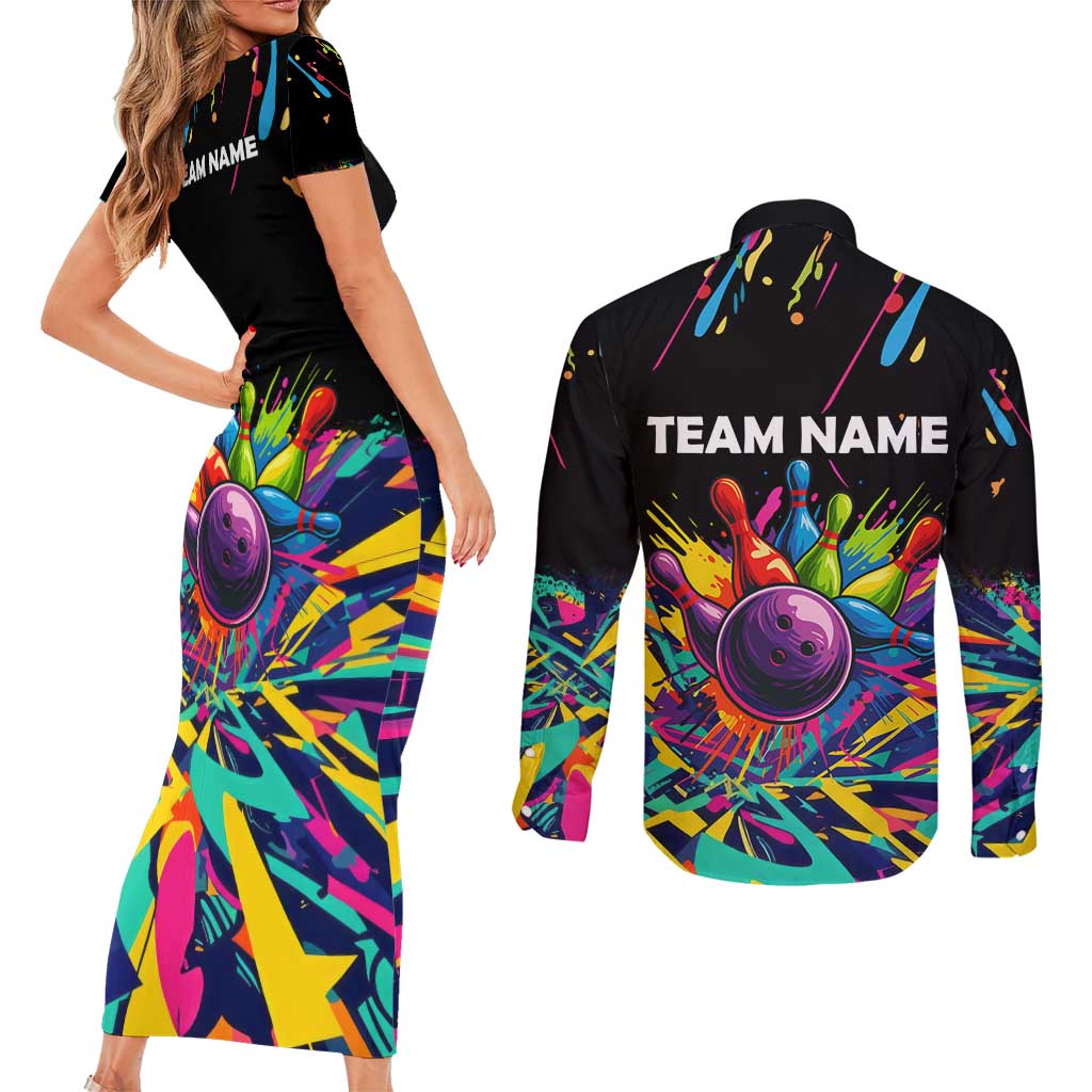 Colorful Bowling Ball and Pins Graphic Couples Matching Short Sleeve Bodycon Dress and Long Sleeve Button Shirt Custom with Paint Splash - Wonder Print Shop
