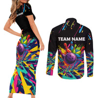 Colorful Bowling Ball and Pins Graphic Couples Matching Short Sleeve Bodycon Dress and Long Sleeve Button Shirt Custom with Paint Splash - Wonder Print Shop