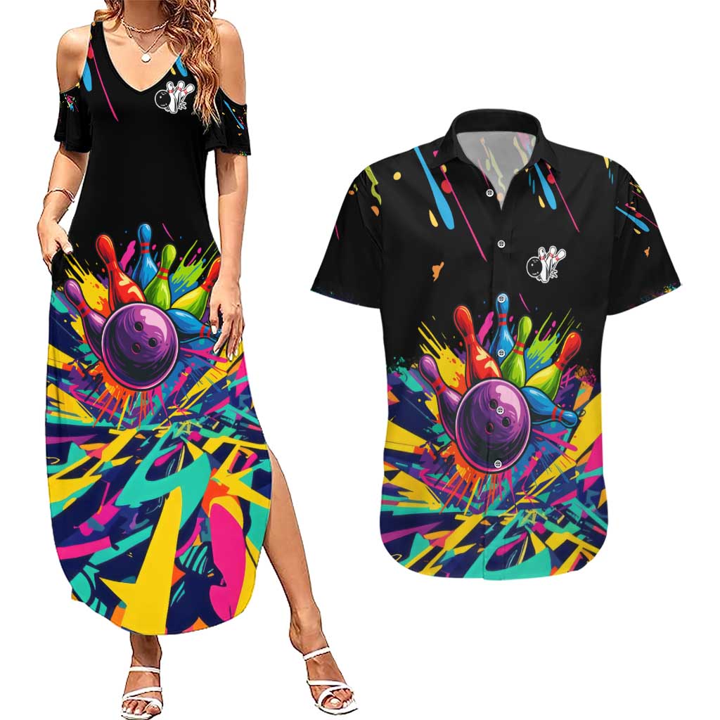 Colorful Bowling Ball and Pins Graphic Couples Matching Summer Maxi Dress and Hawaiian Shirt Custom with Paint Splash - Wonder Print Shop