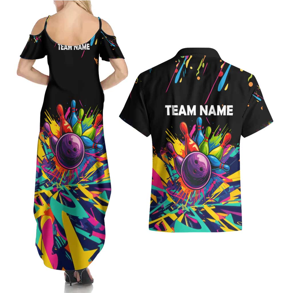 Colorful Bowling Ball and Pins Graphic Couples Matching Summer Maxi Dress and Hawaiian Shirt Custom with Paint Splash - Wonder Print Shop