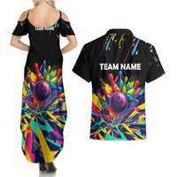 Colorful Bowling Ball and Pins Graphic Couples Matching Summer Maxi Dress and Hawaiian Shirt Custom with Paint Splash - Wonder Print Shop