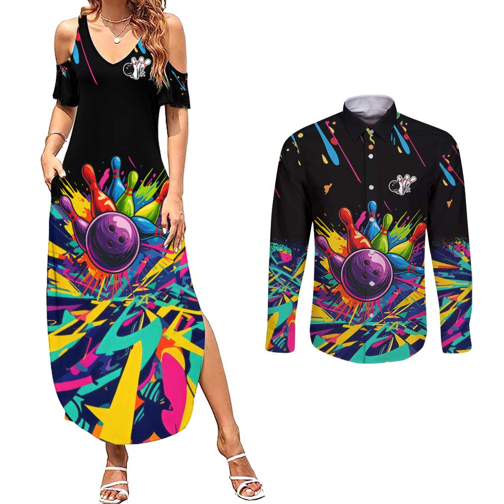 Colorful Bowling Ball and Pins Graphic Couples Matching Summer Maxi Dress and Long Sleeve Button Shirt Custom with Paint Splash - Wonder Print Shop