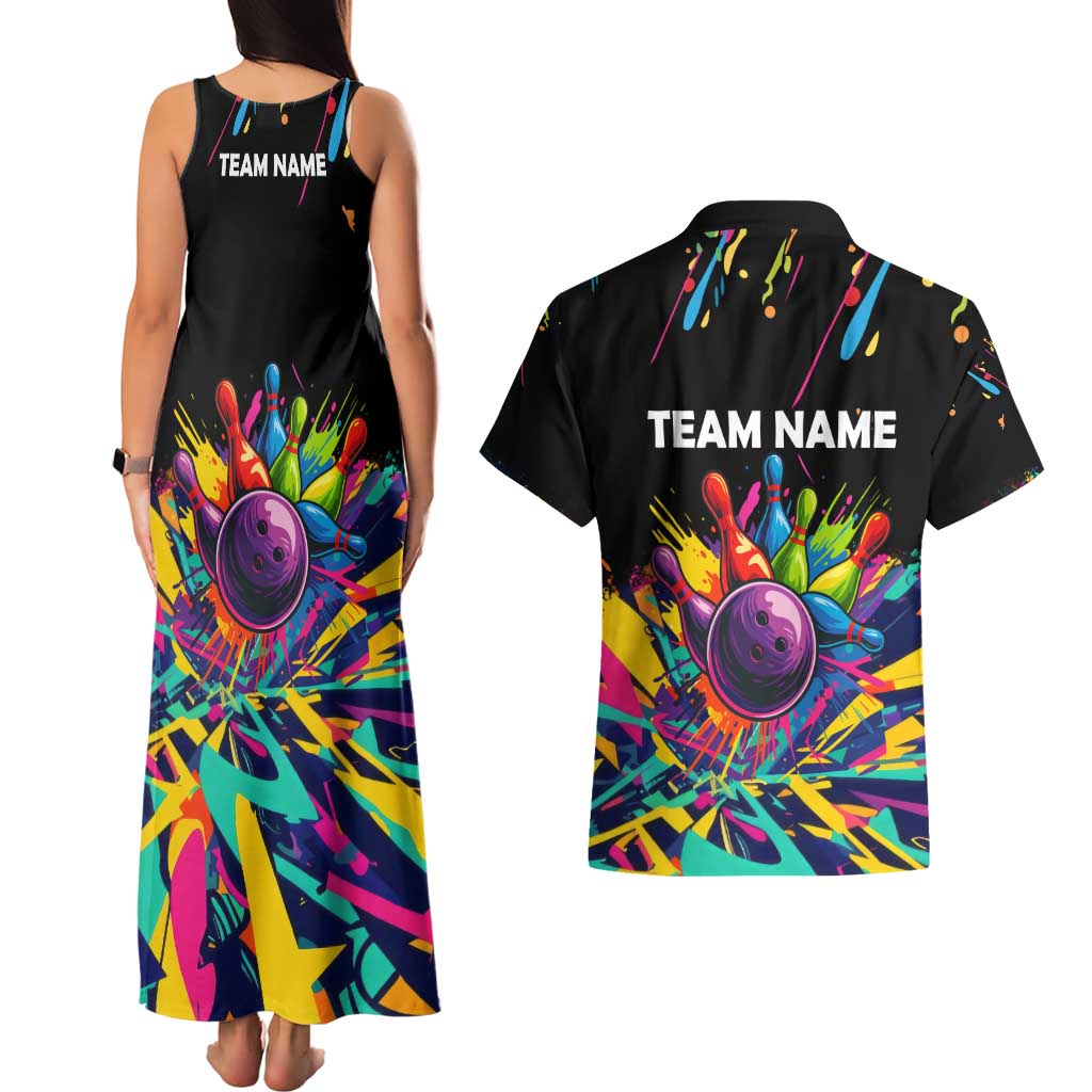 Colorful Bowling Ball and Pins Graphic Couples Matching Tank Maxi Dress and Hawaiian Shirt Custom with Paint Splash - Wonder Print Shop