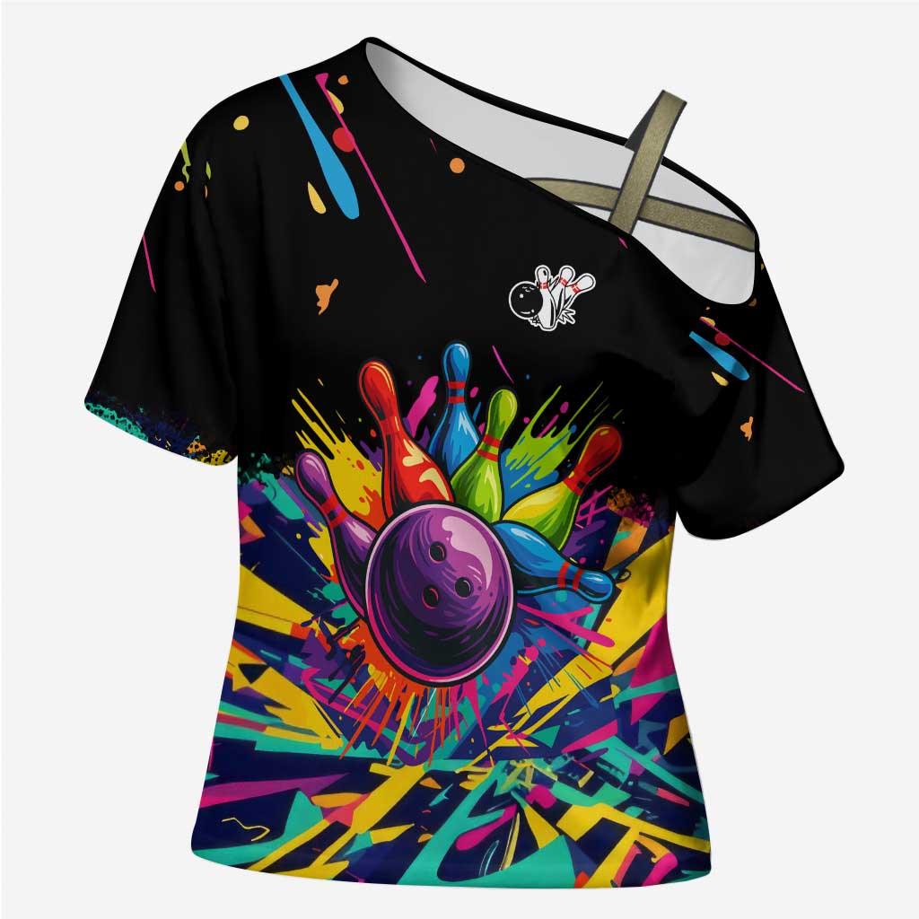 Colorful Bowling Ball and Pins Graphic Cross Shoulder Shirt Custom with Paint Splash - Wonder Print Shop