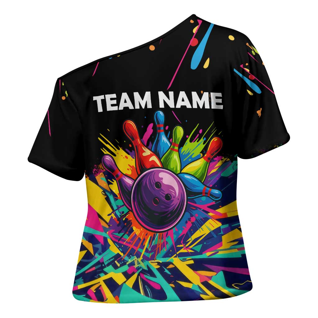 Colorful Bowling Ball and Pins Graphic Cross Shoulder Shirt Custom with Paint Splash - Wonder Print Shop