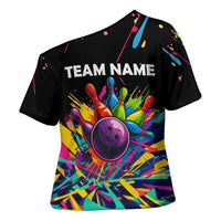 Colorful Bowling Ball and Pins Graphic Cross Shoulder Shirt Custom with Paint Splash - Wonder Print Shop