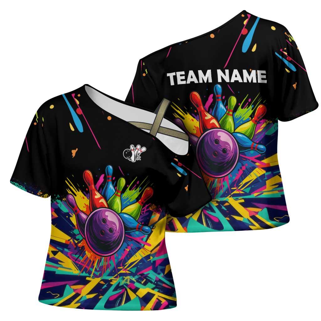 Colorful Bowling Ball and Pins Graphic Cross Shoulder Shirt Custom with Paint Splash - Wonder Print Shop