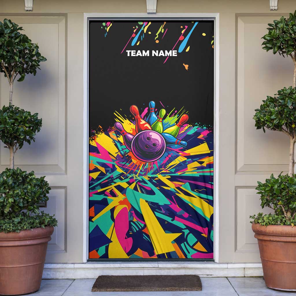 Colorful Bowling Ball and Pins Graphic Door Cover Custom with Paint Splash - Wonder Print Shop