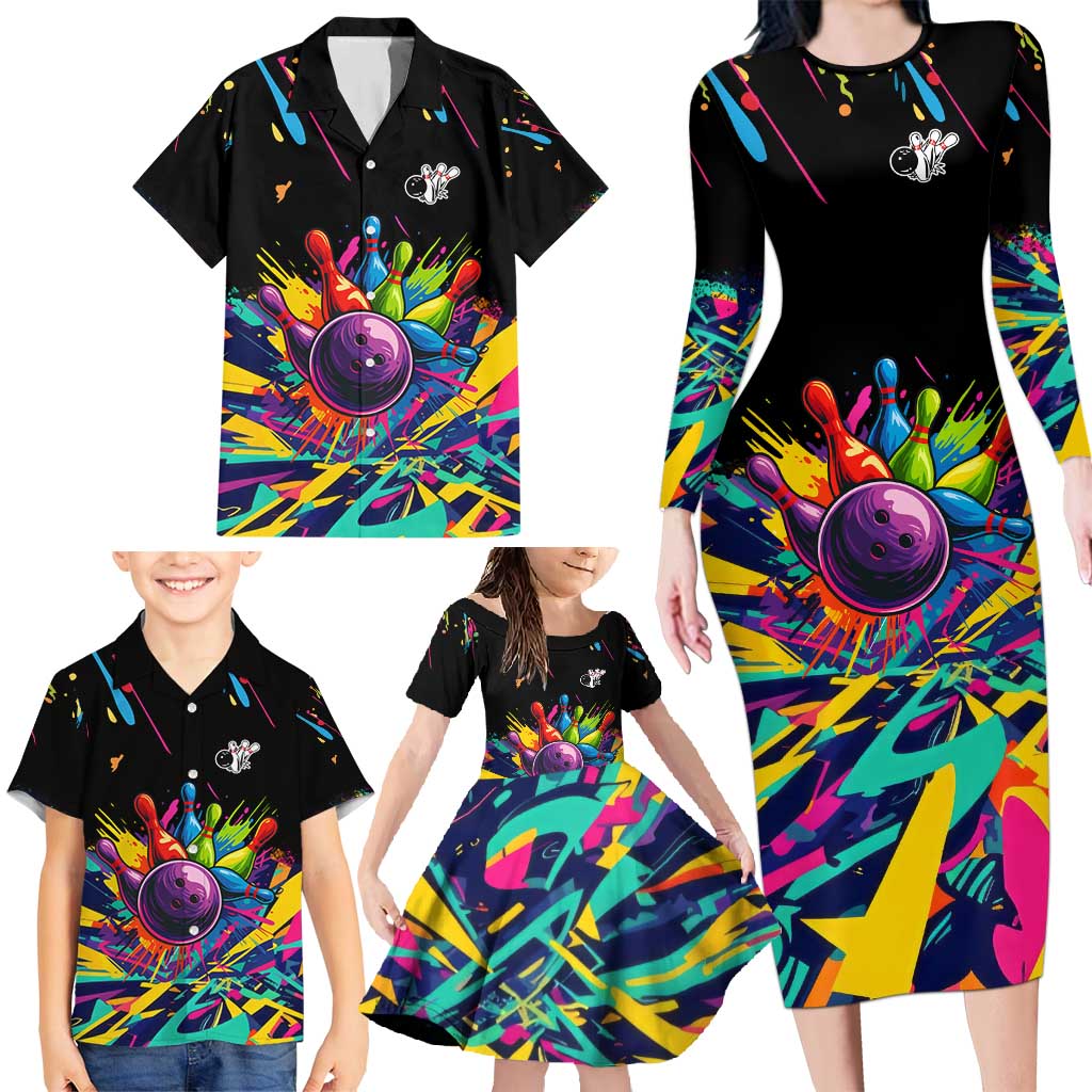 Colorful Bowling Ball and Pins Graphic Family Matching Long Sleeve Bodycon Dress and Hawaiian Shirt Custom with Paint Splash - Wonder Print Shop