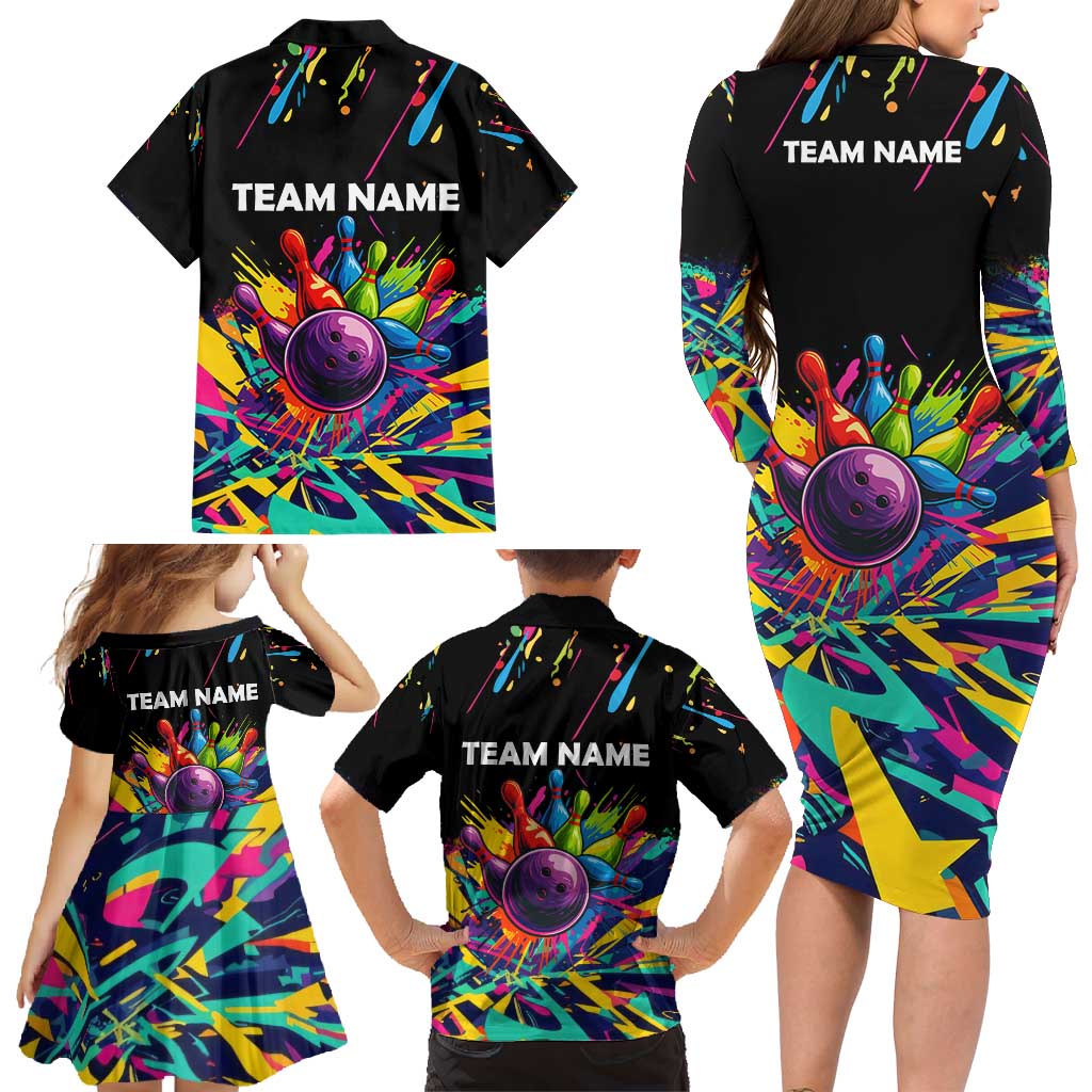 Colorful Bowling Ball and Pins Graphic Family Matching Long Sleeve Bodycon Dress and Hawaiian Shirt Custom with Paint Splash - Wonder Print Shop